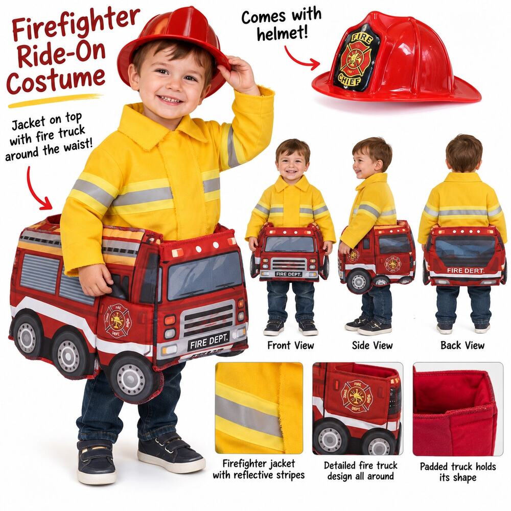 Kids Firefighter Fire Truck Ride-On Costume 3T-4T + Helmet